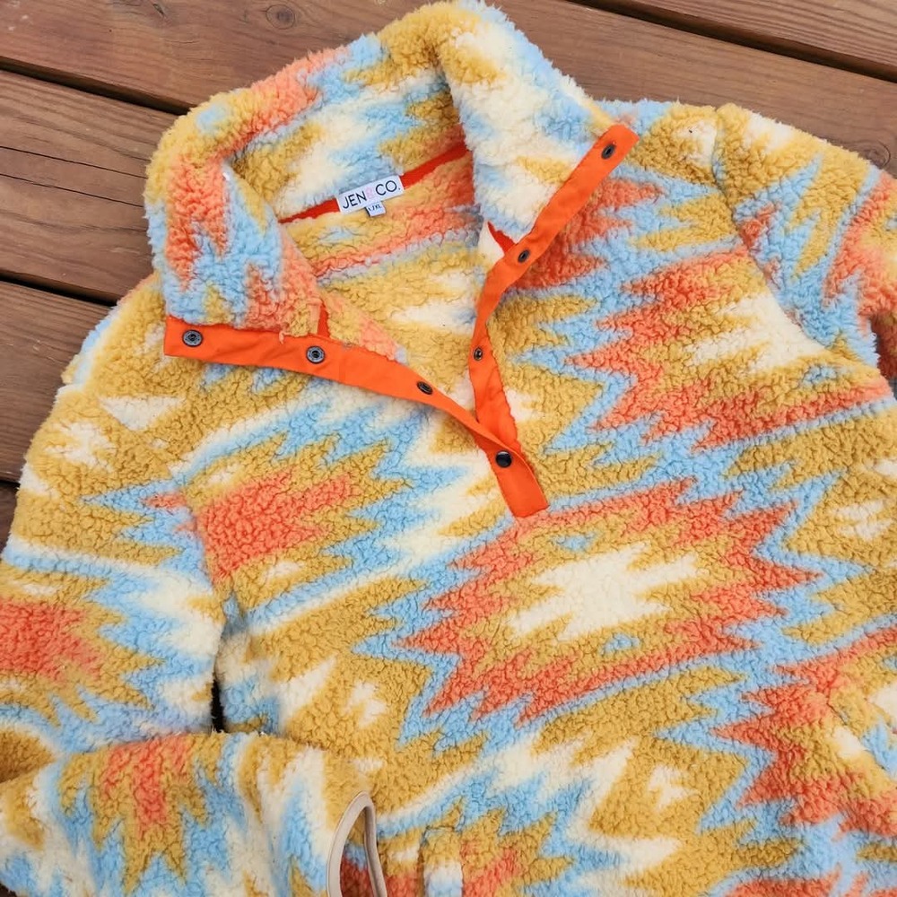 Jen & Co Sherpa Pullover Womens Large XL Aztec Orange Blue Yellow Fall Cozy